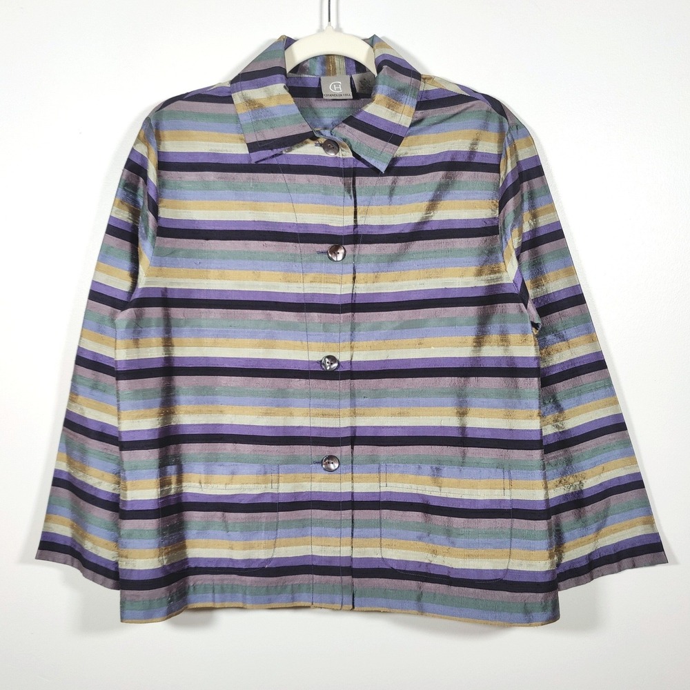 Chandler Hill 100% Silk Striped Shirt Jacket S Eclectic Grandpa Artsy Purple